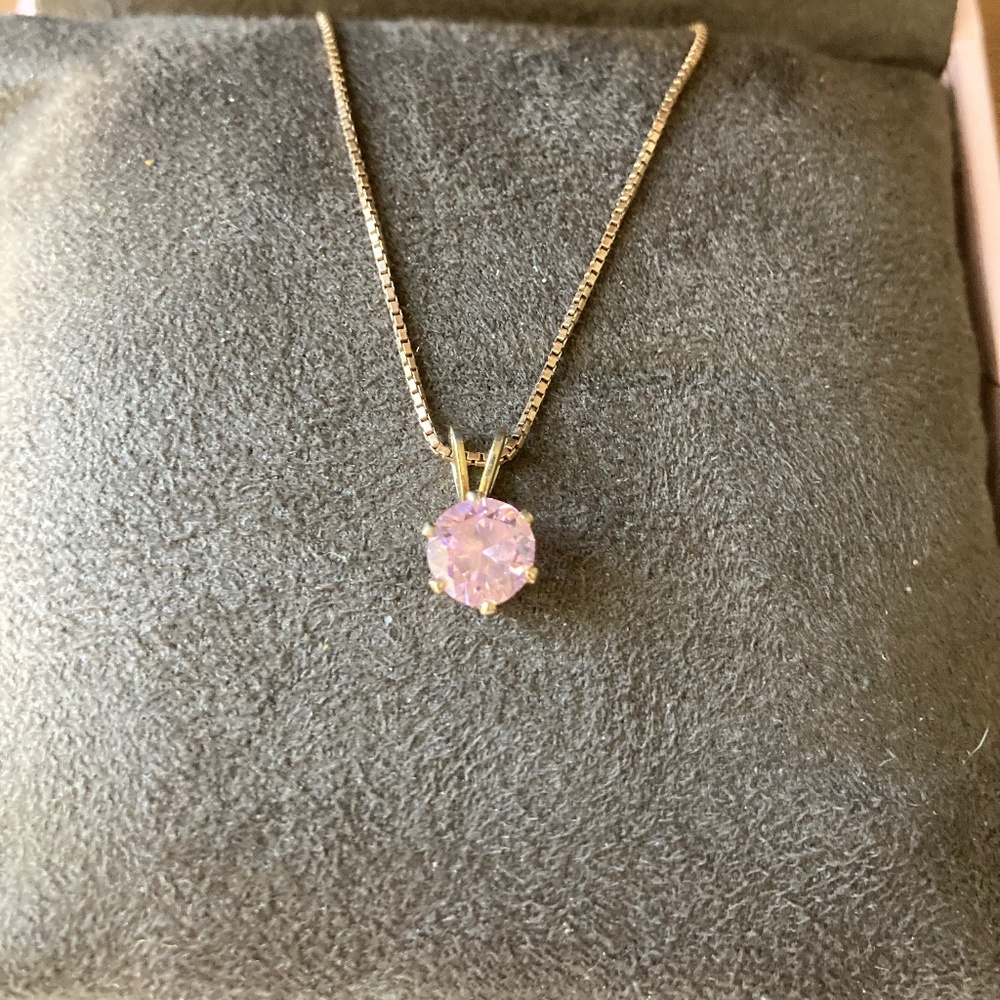 Vintage Pink Cubic Zirconia Solitaire Pendant with 18k Gold over Silver Chain